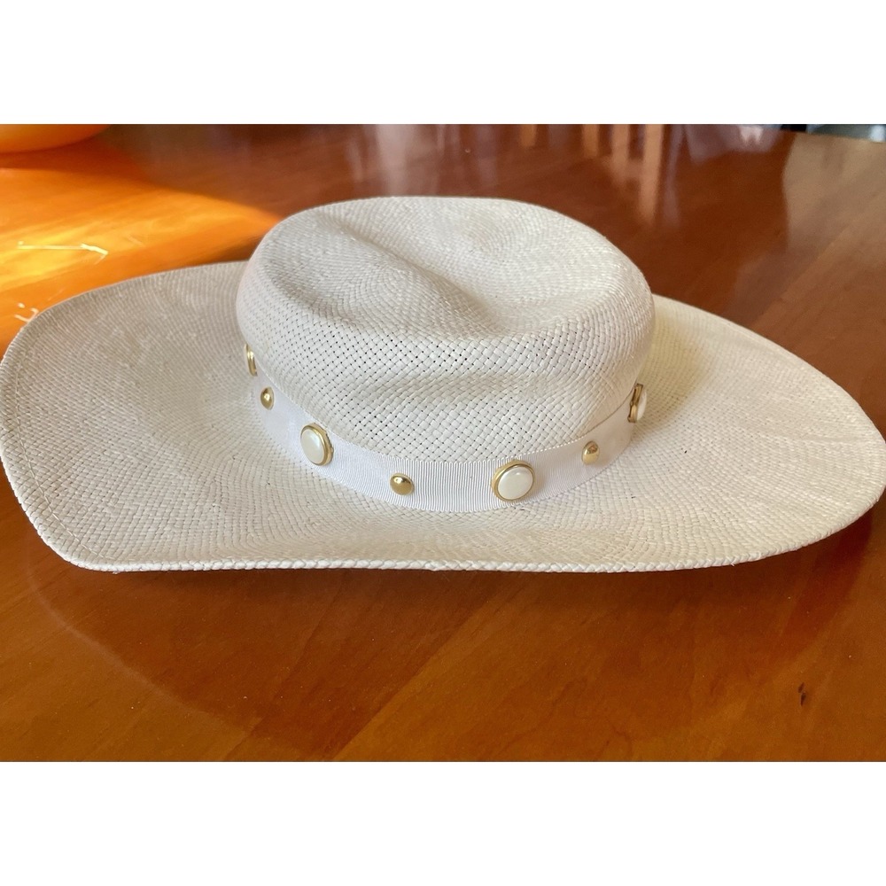Importina Vintage Straw Hat, Cream White Pearls Travel Boho Resort Formal